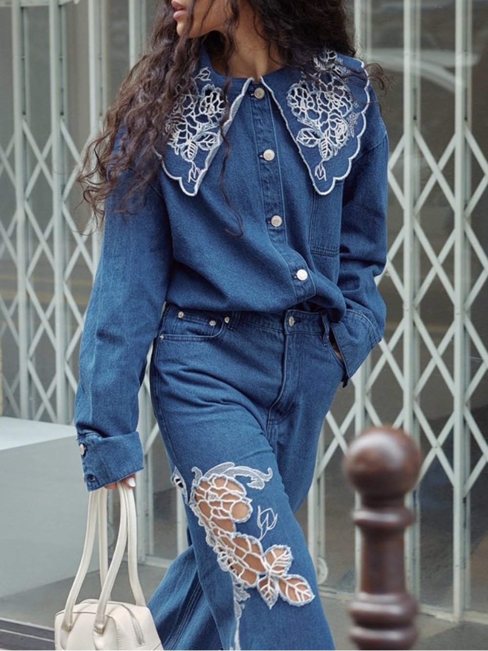 Denim Button-Up Jeans Set with White Lace Embroidery - Blue